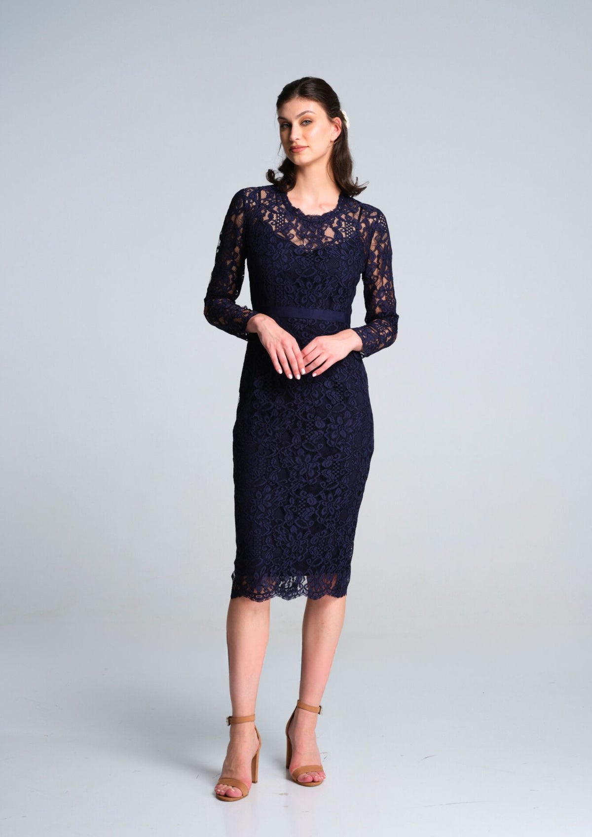 Long Sleeve Lace Pencil Dress in Navy