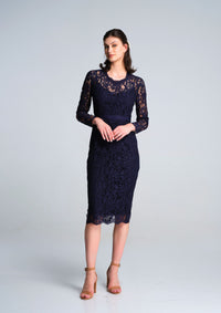 Long Sleeve Lace Pencil Dress in Navy
