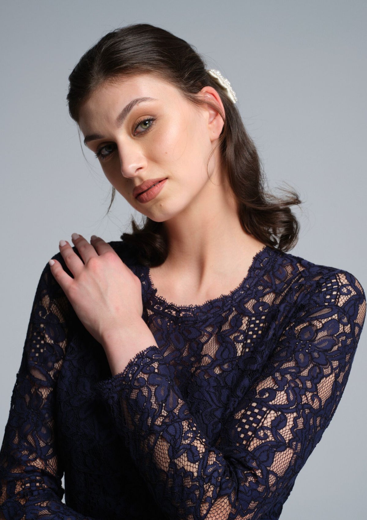 Long Sleeve Lace Pencil Dress in Navy