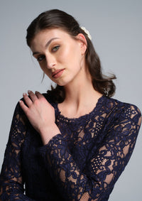 Long Sleeve Lace Pencil Dress in Navy