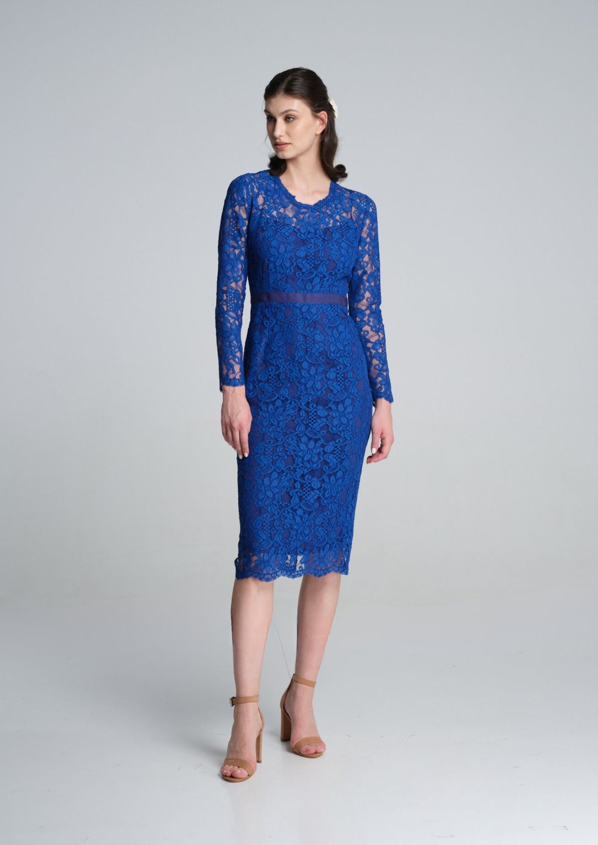 Long Sleeve Lace Pencil Dress in Azure Blue