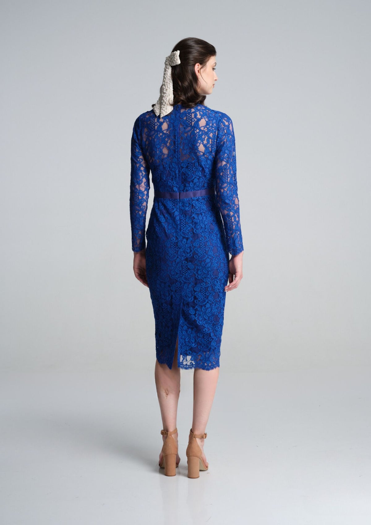 Long Sleeve Lace Pencil Dress in Azure Blue