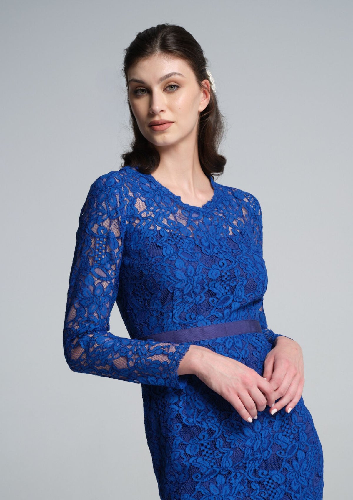 Long Sleeve Lace Pencil Dress in Azure Blue