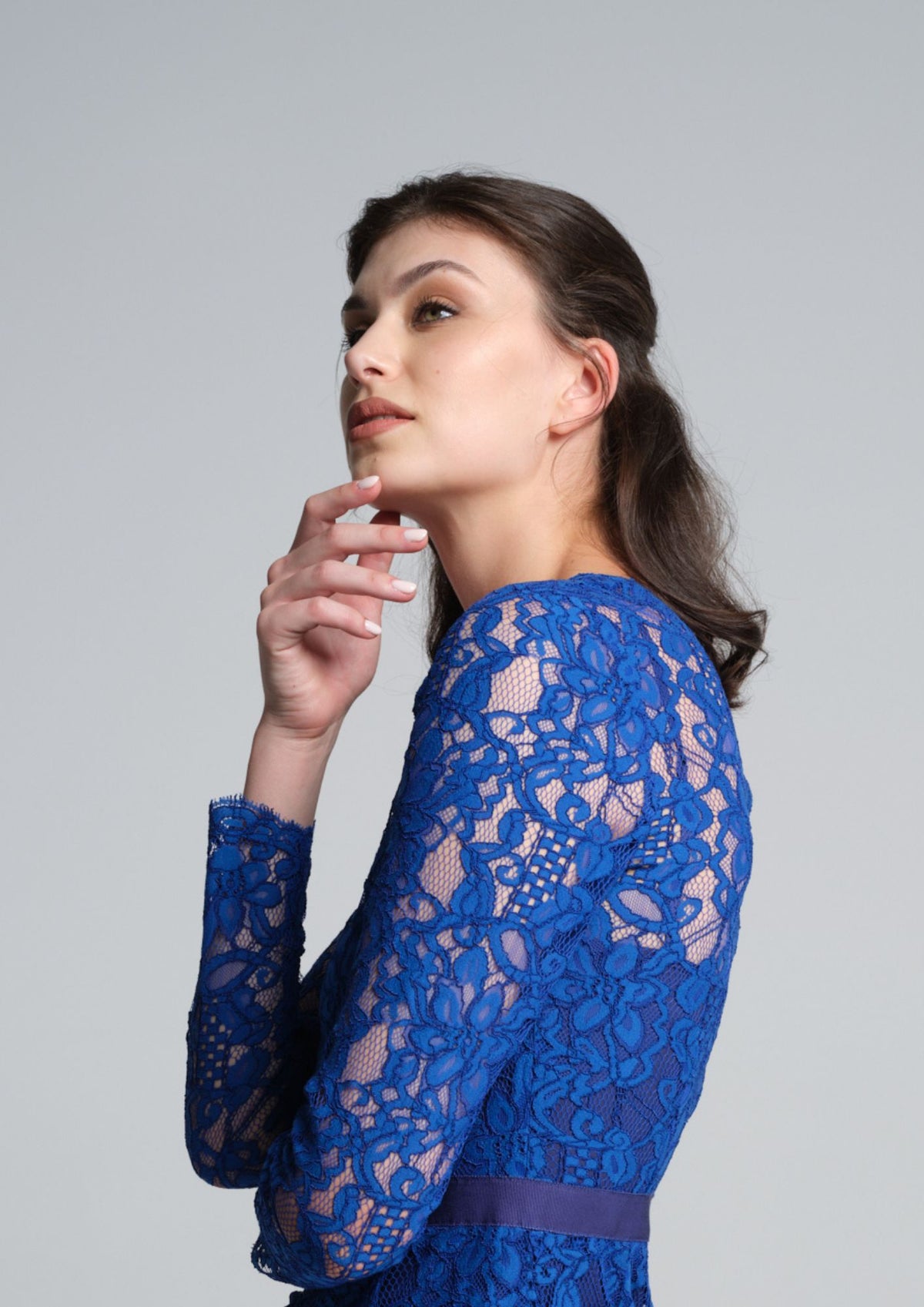 Long Sleeve Lace Pencil Dress in Azure Blue