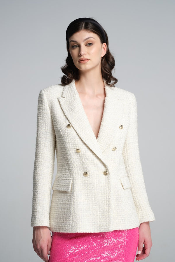 Wool-blend boucle tweed blazer in cream