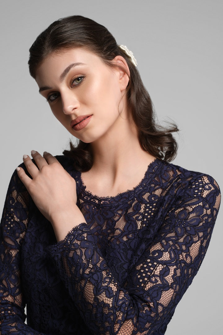 Long Sleeve Lace Pencil Dress in Navy  RUMOUR LONDON