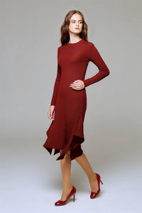 Asymmetric ribbed wool midi dress in burgundy