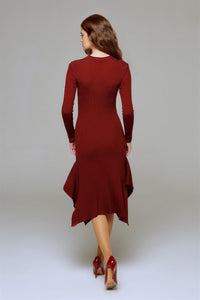 Asymmetric ribbed wool midi dress in burgundy