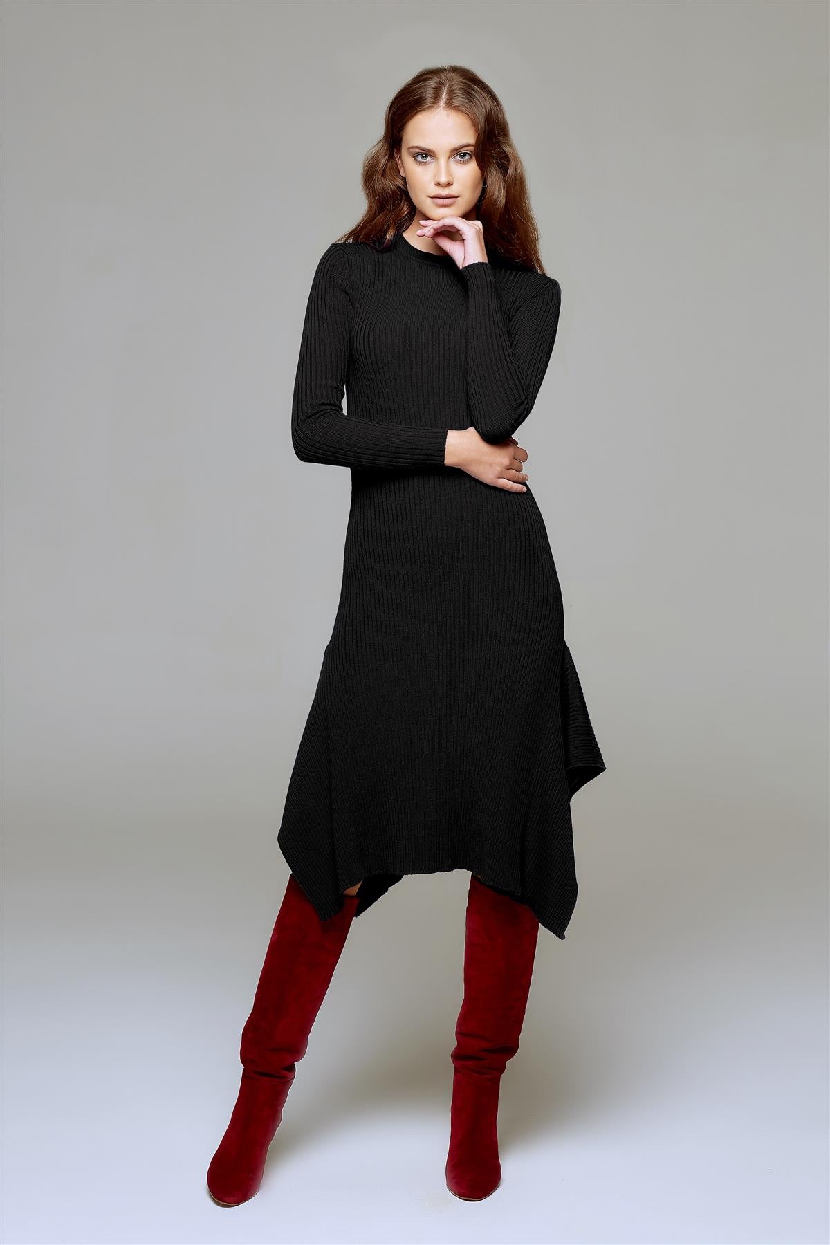 Asymmetric ribbed wool midi dress in black