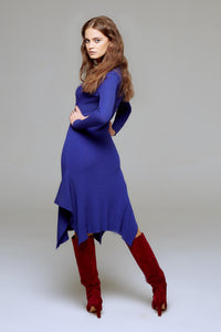Asymmetric ribbed wool midi dress in royal blue