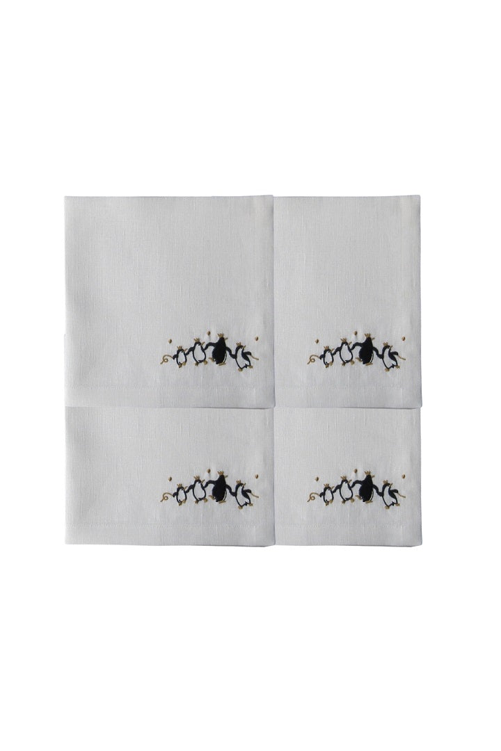 Set of 4 Embroidered Linen Napkins – Penguins
