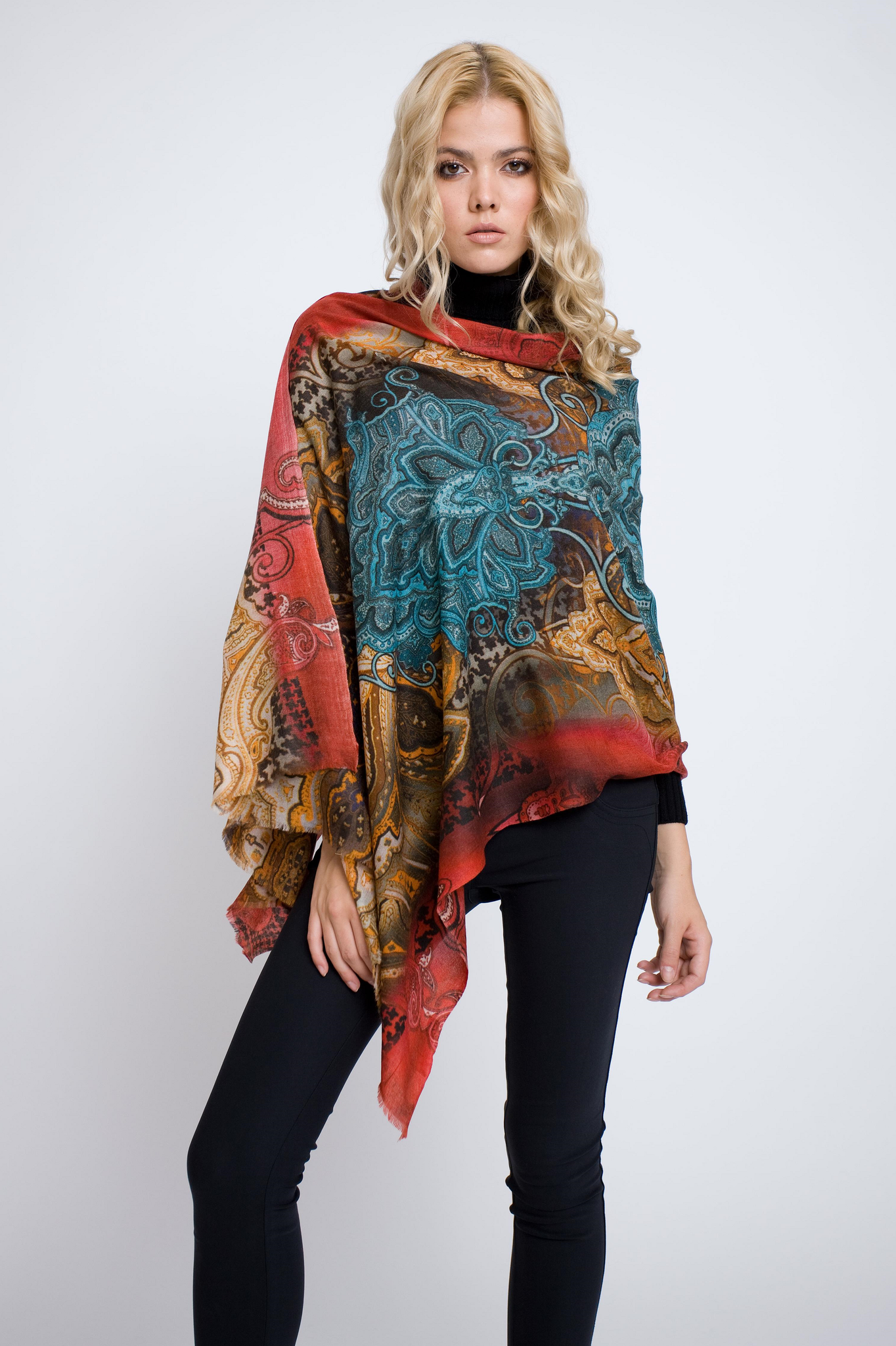 Luxury printed wool, silk and cashmere blend scarf