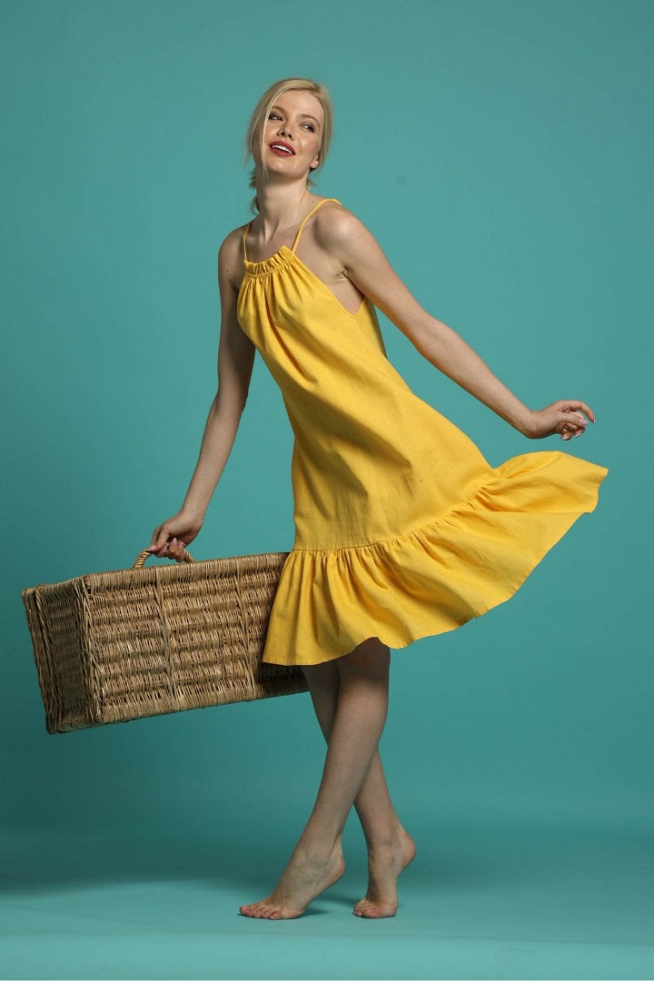 Sicily midi dress with gathered neckline and ruffled hem