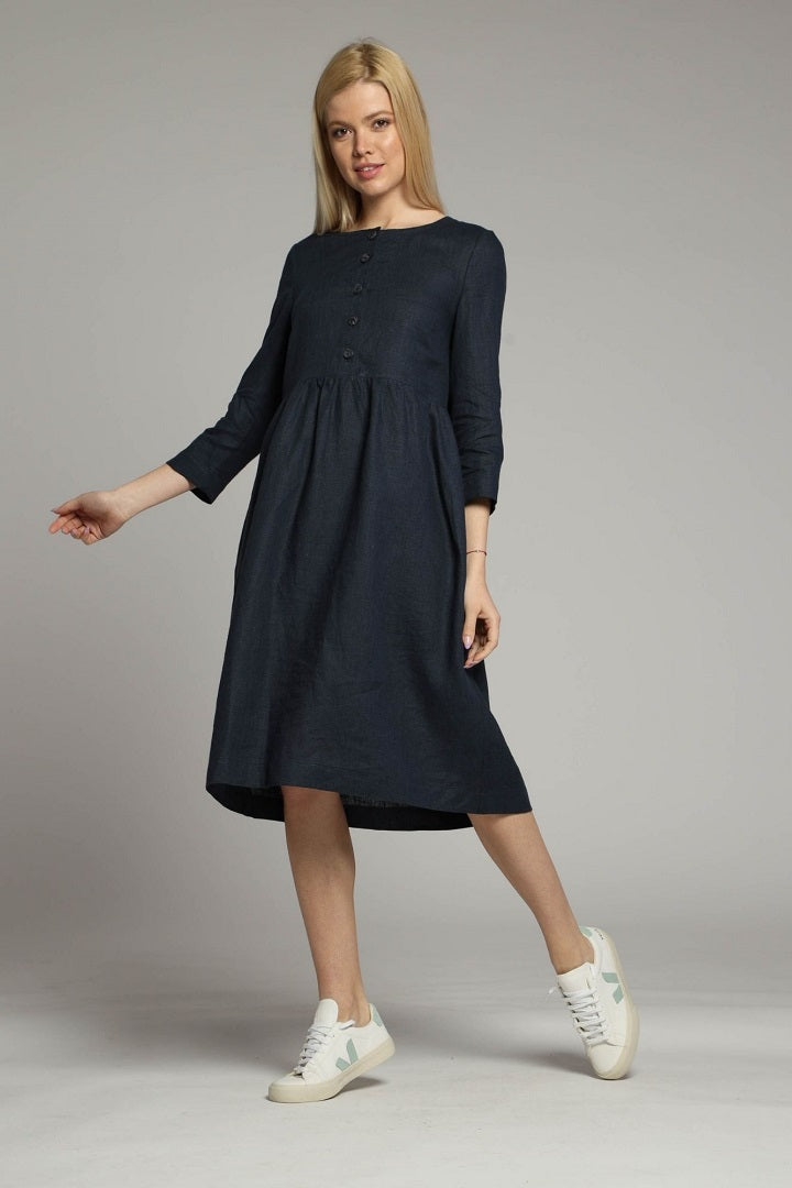 Sorrento loose linen dress with sleeves and high waist