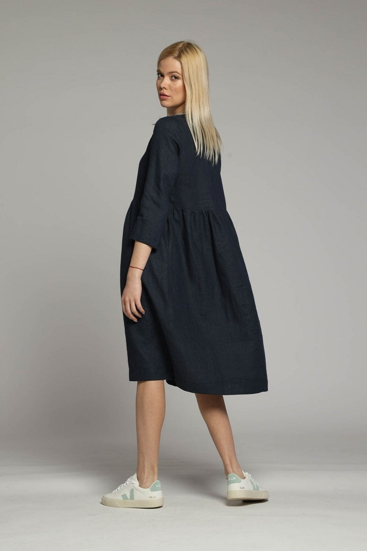 Sorrento loose linen dress with sleeves and high waist