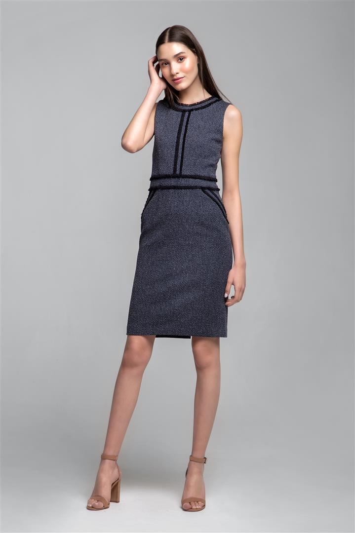 Navy cotton tweed dress with fringed detail
