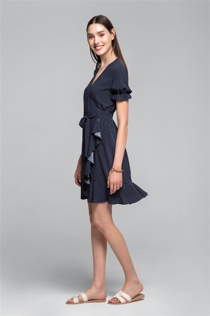 Ruffled wrap dress with short sleeves in polka dot print