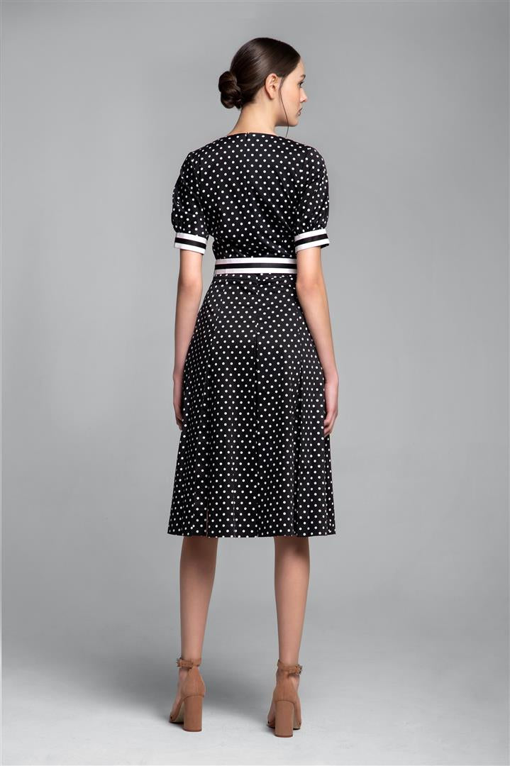 Polka dot fit-and-flare cotton dress with striped details and slits