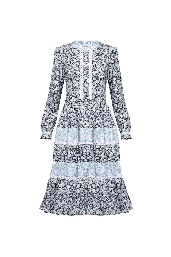 Printed poplin midi dress with embroidered trim