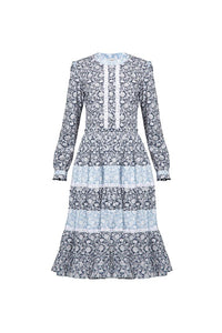 Printed poplin midi dress with embroidered trim