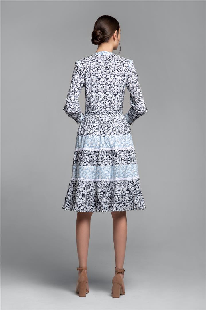Printed poplin midi dress with embroidered trim