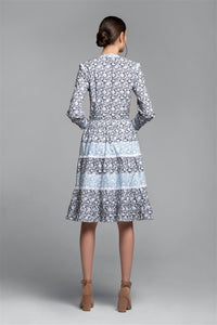 Printed poplin midi dress with embroidered trim