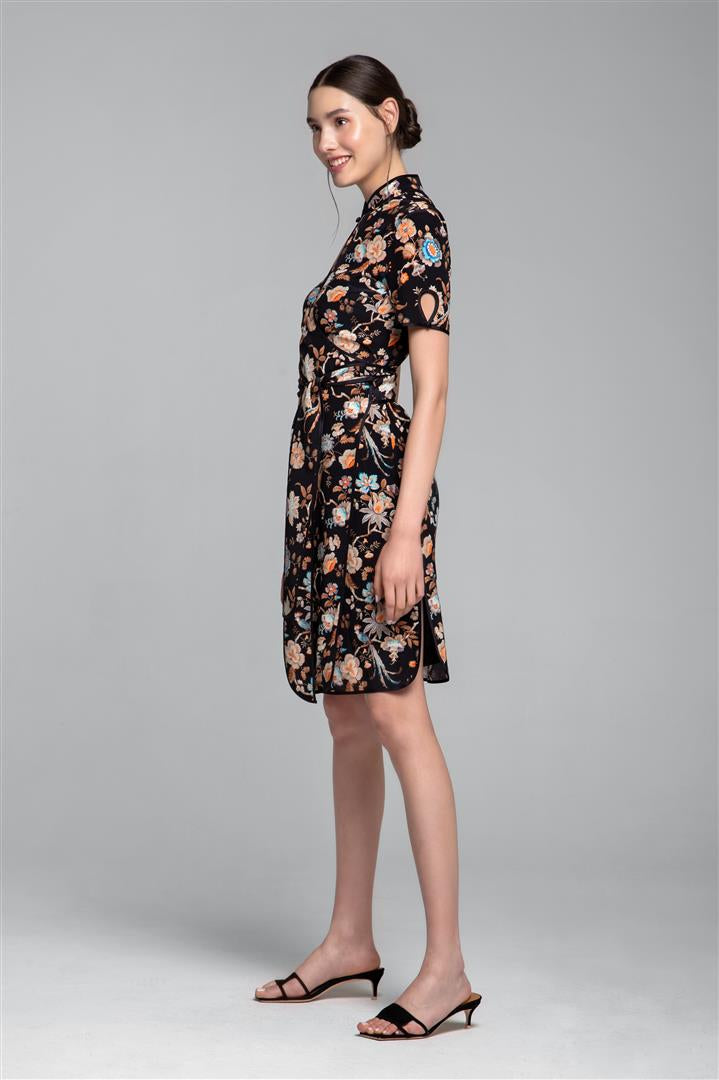 Kimono style silk wrap dress with oriental print in black