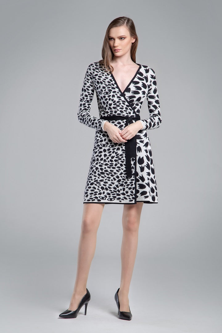Jacquard-knit monochrome wrap dress with animal pattern