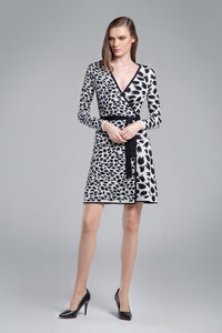 Jacquard-knit monochrome wrap dress with animal pattern