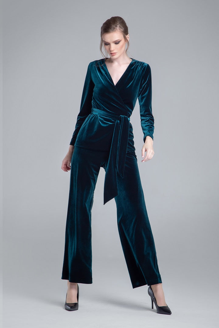 Velvet wrap jacket with a self-tie sash in emerald green
