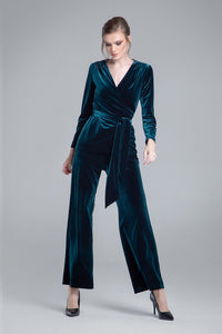 Velvet wrap jacket with a self-tie sash in emerald green