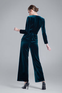 Velvet wrap jacket with a self-tie sash in emerald green