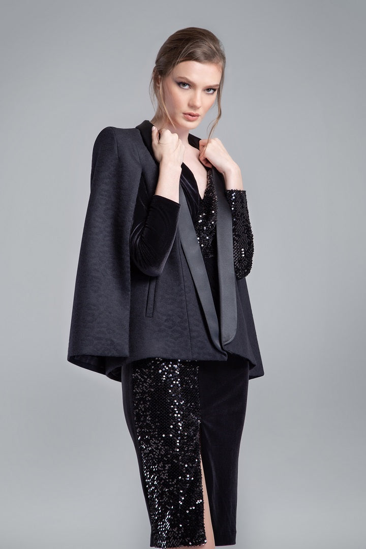 Wool tuxedo-style cape with animal jacquard pattern