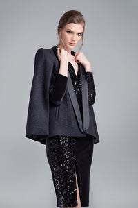 Wool tuxedo-style cape with animal jacquard pattern