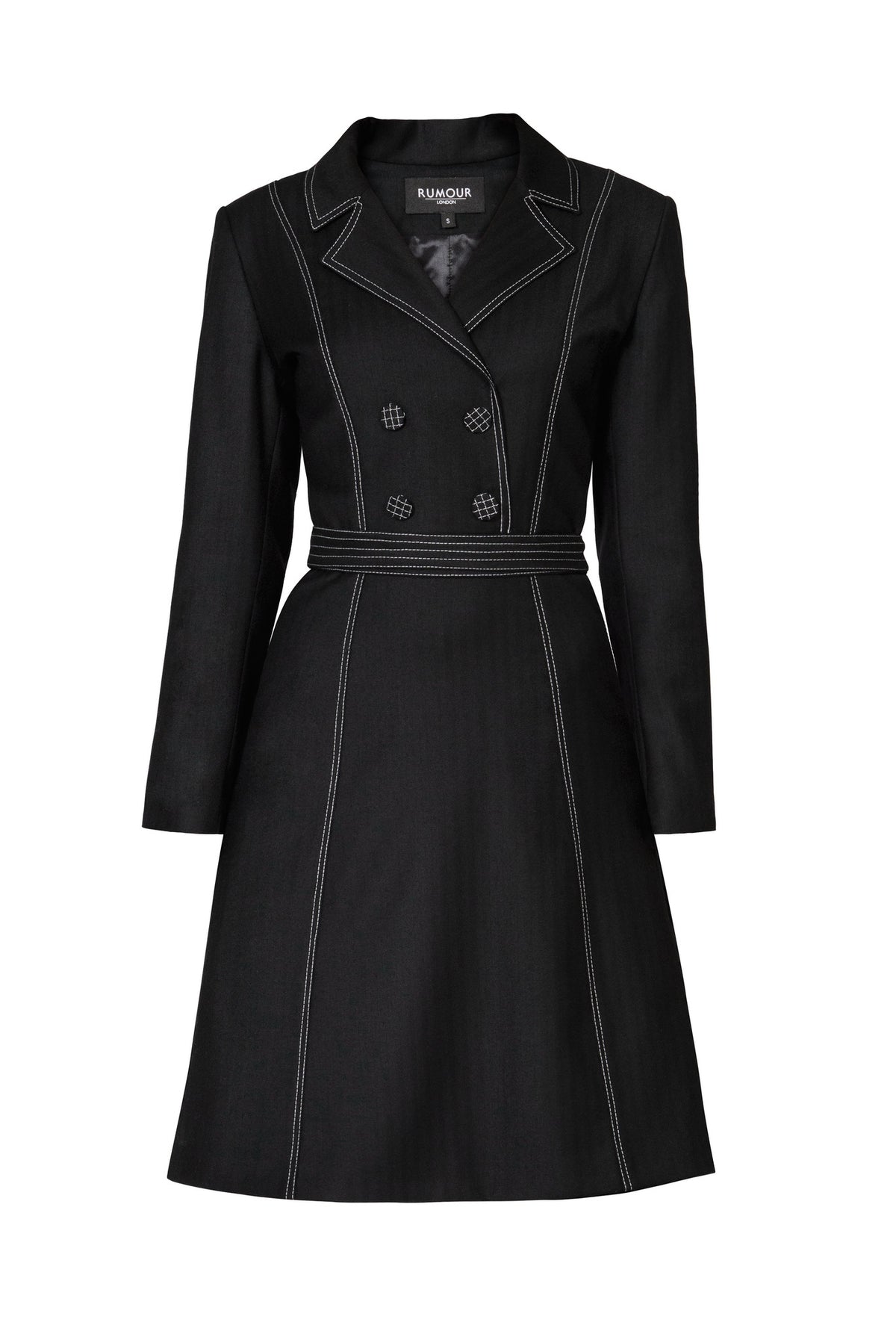 Virgin wool dress with pleated back and contrasting stitching