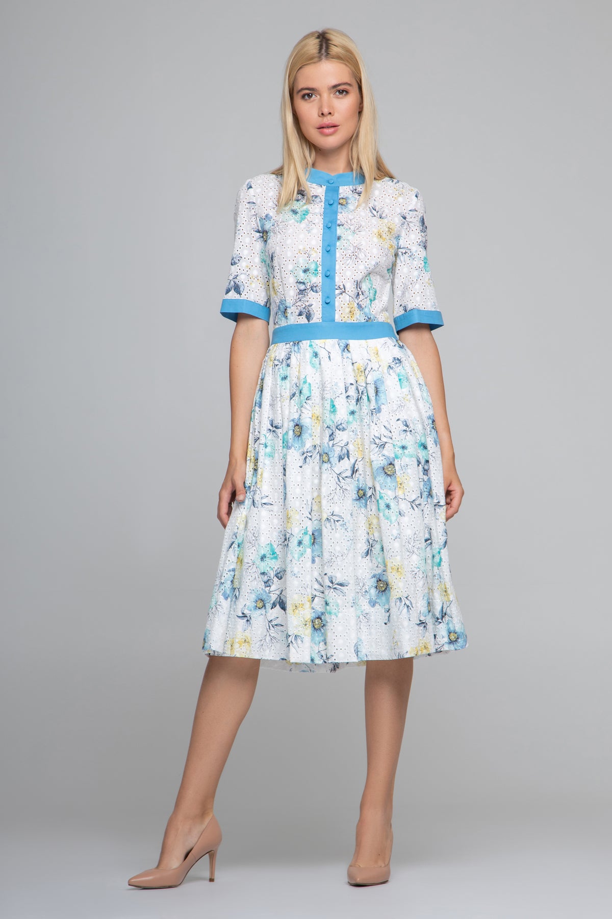 Floral Print Broderie Anglaise Midi Dress in Blue