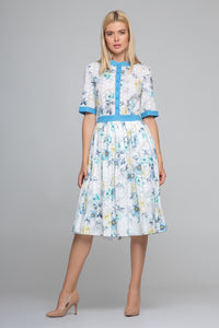 Floral Print Broderie Anglaise Midi Dress in Blue