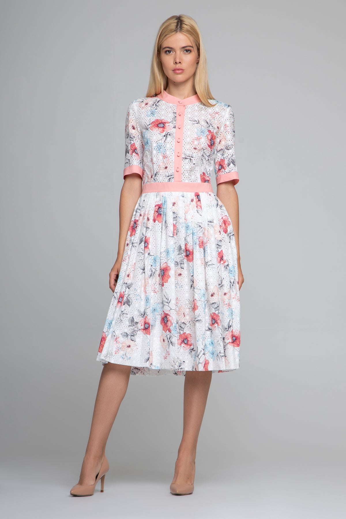 Floral Print Broderie Anglaise Midi Dress in Pink