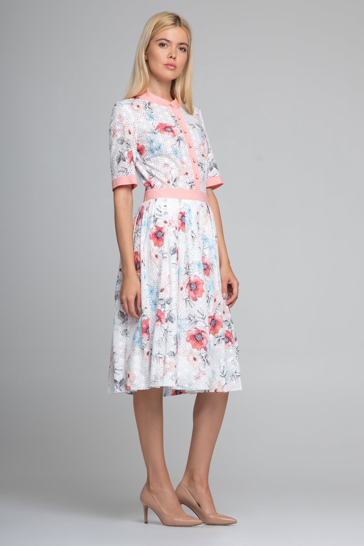 Floral Print Broderie Anglaise Midi Dress in Pink