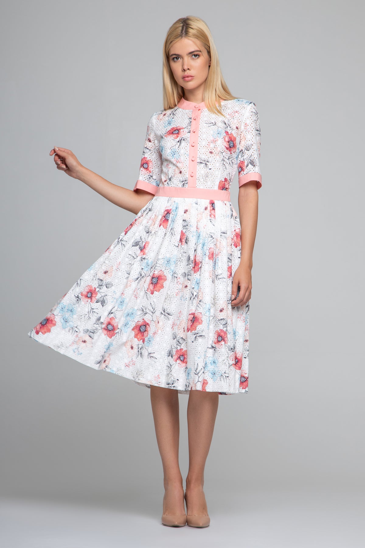 Floral Print Broderie Anglaise Midi Dress in Pink