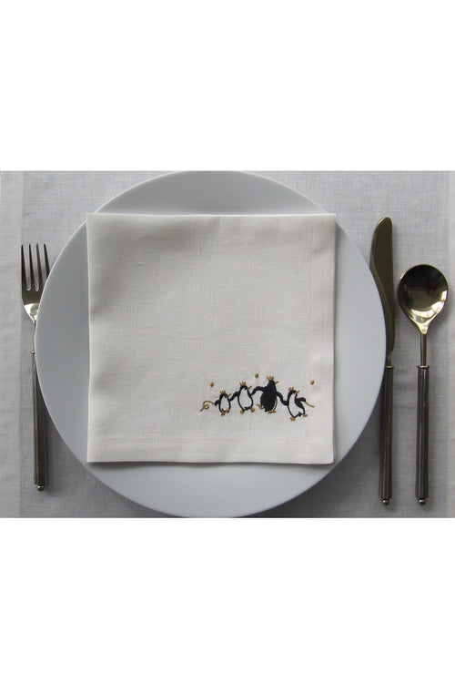 Set of 4 Embroidered Linen Napkins – Penguins