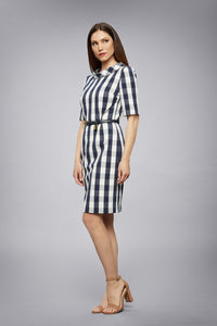 Navy Stretch-Cotton Gingham Dress With Raised Collar