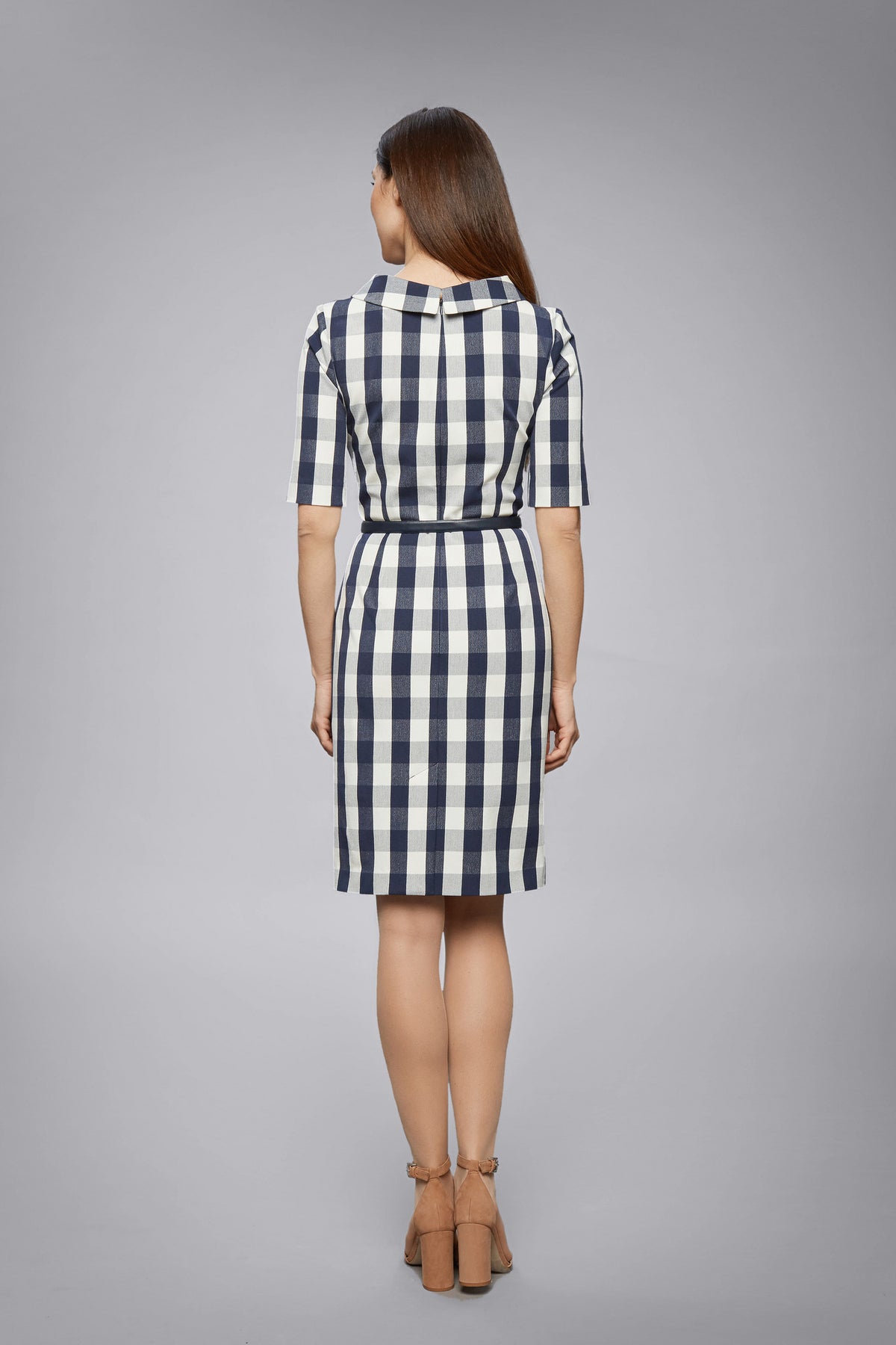 Navy Stretch-Cotton Gingham Dress With Raised Collar