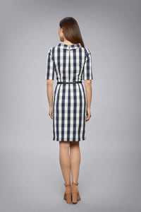 Navy Stretch-Cotton Gingham Dress With Raised Collar