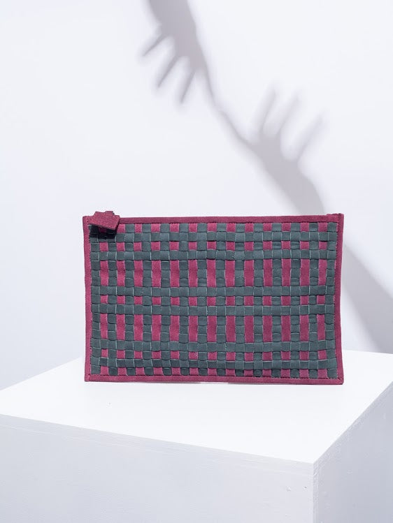Peacock and burgundy clutch