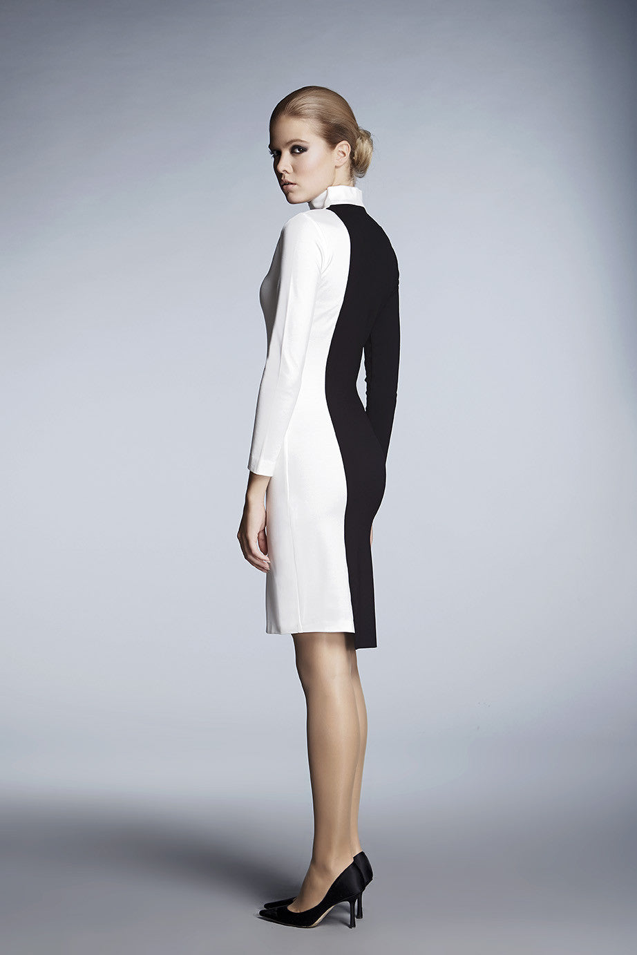 Block monochrome soft jersey dress with asymmetric hem