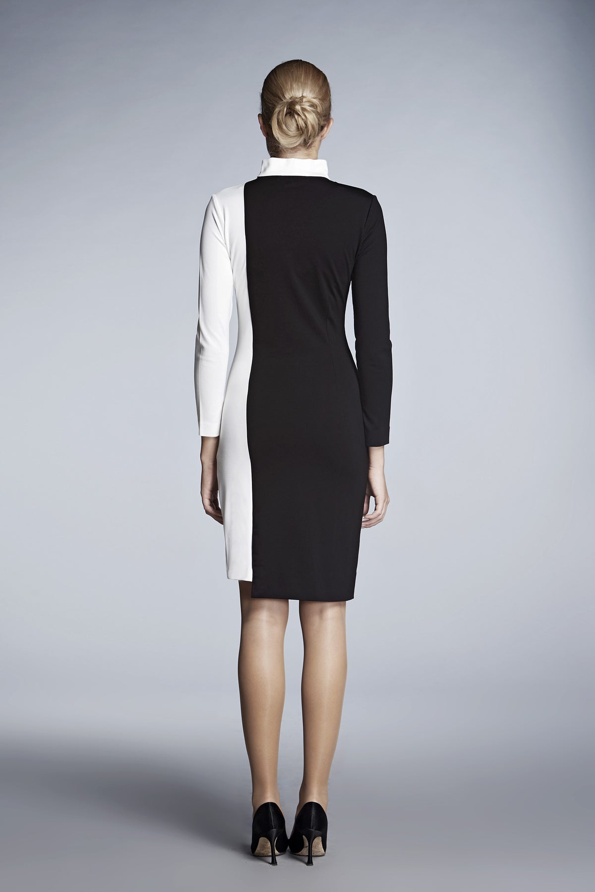 Block monochrome soft jersey dress with asymmetric hem