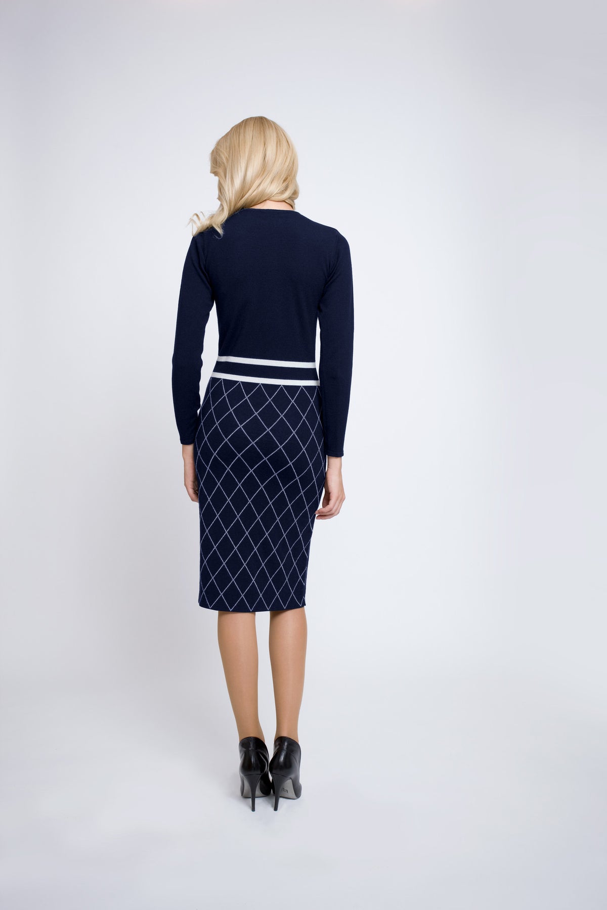 Bow jacquard knitted dress in midnight blue