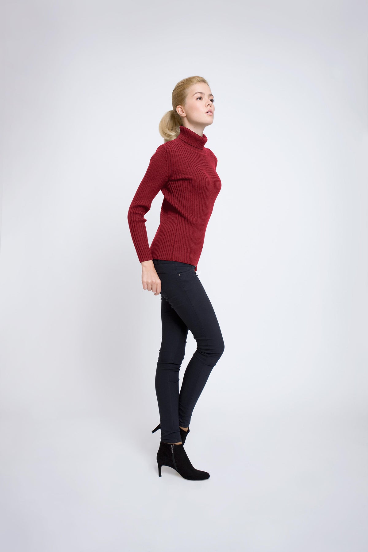 Red ribbed-knit roll neck sweater