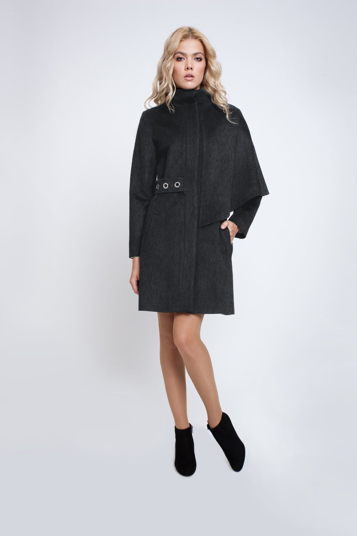 Asymmetric wool and angora coat